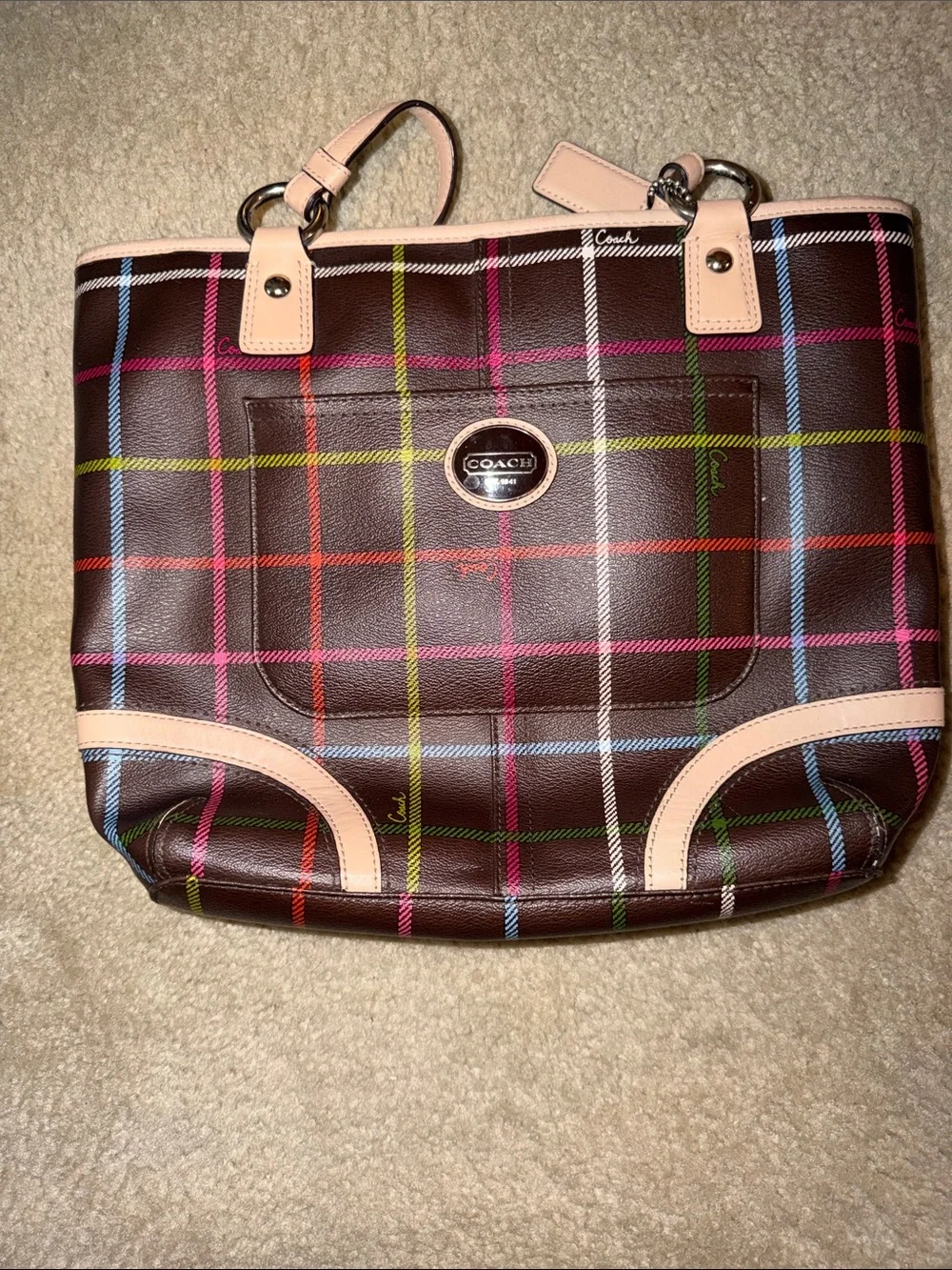 Coach Brown Plaid Tote with Pink Trim and Multicolor Lines